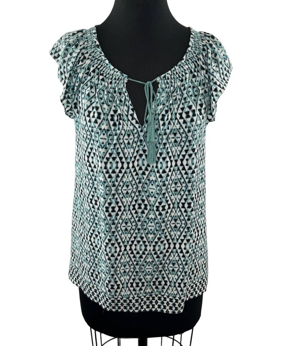 JOIE Blue Black Diamond Southwest Print Tassel Tie Neck Flutter Sleeve Blouse S
